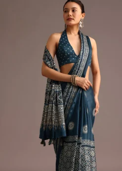 Indigo Satin Saree With Ajrakh Print And Unstitched Blouse