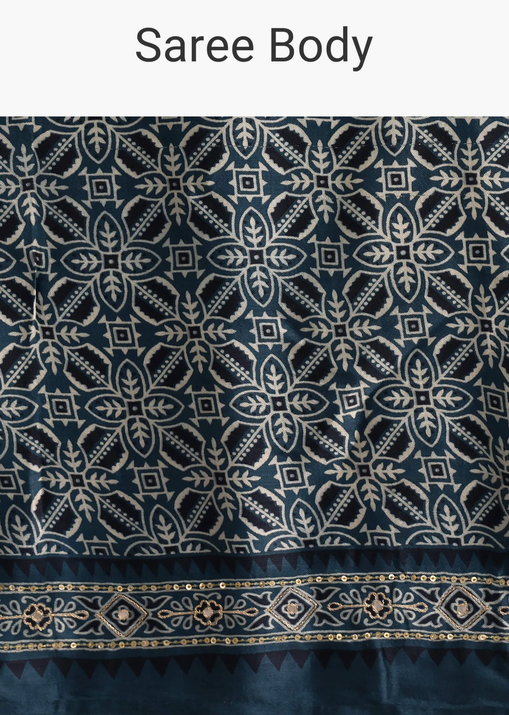 Indigo Satin Saree With Ajrakh Print And Unstitched Blouse