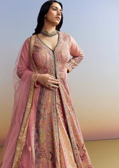 Indo Western Pink Silk Kurta Lehenga Set