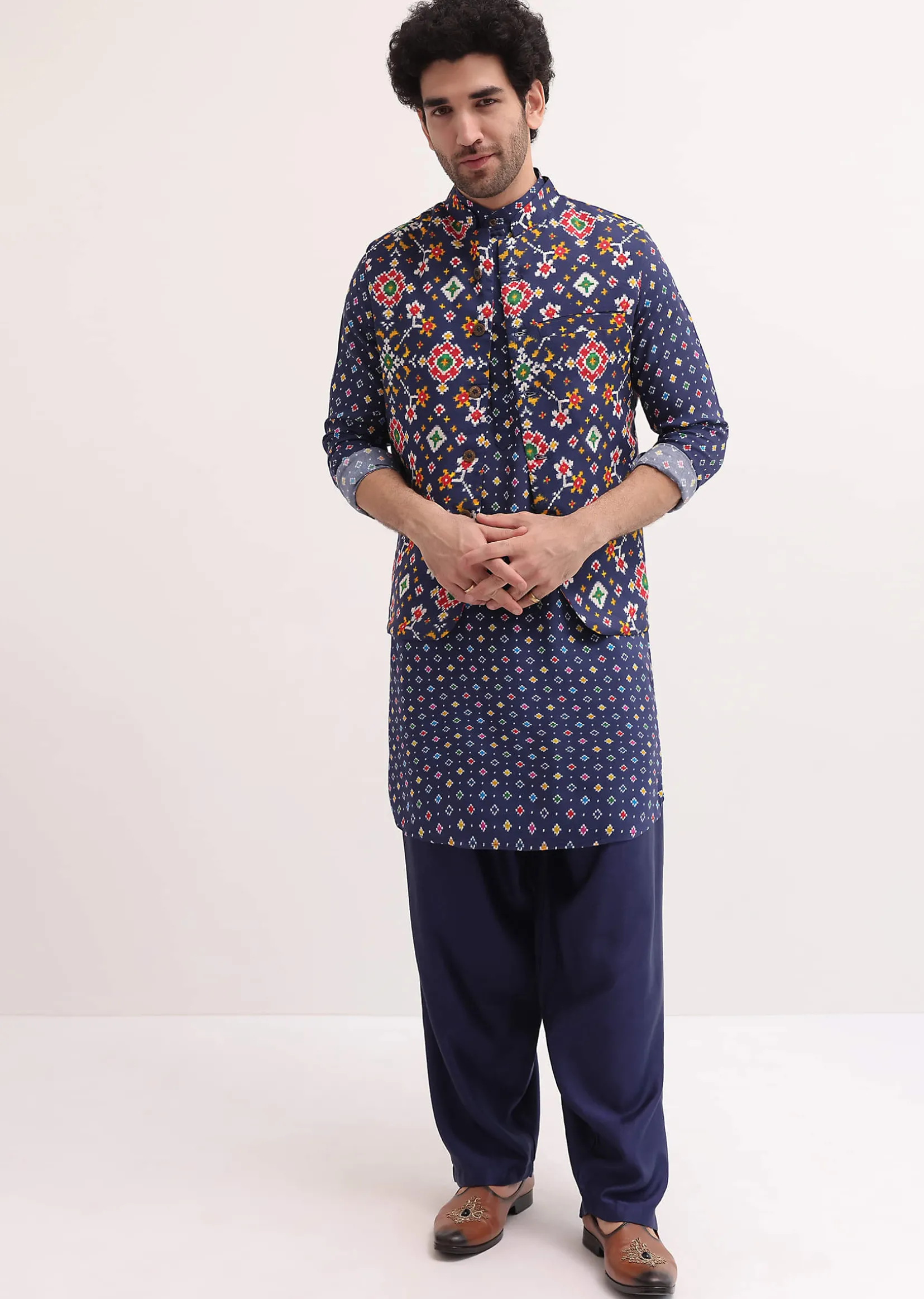 Ink Blue Patola Printed Kurta Jacket Set For Men