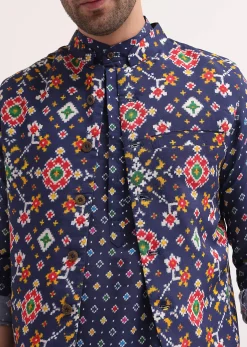 Ink Blue Patola Printed Kurta Jacket Set For Men