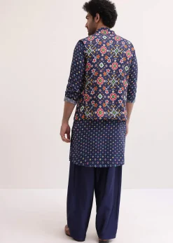 Ink Blue Patola Printed Kurta Jacket Set For Men