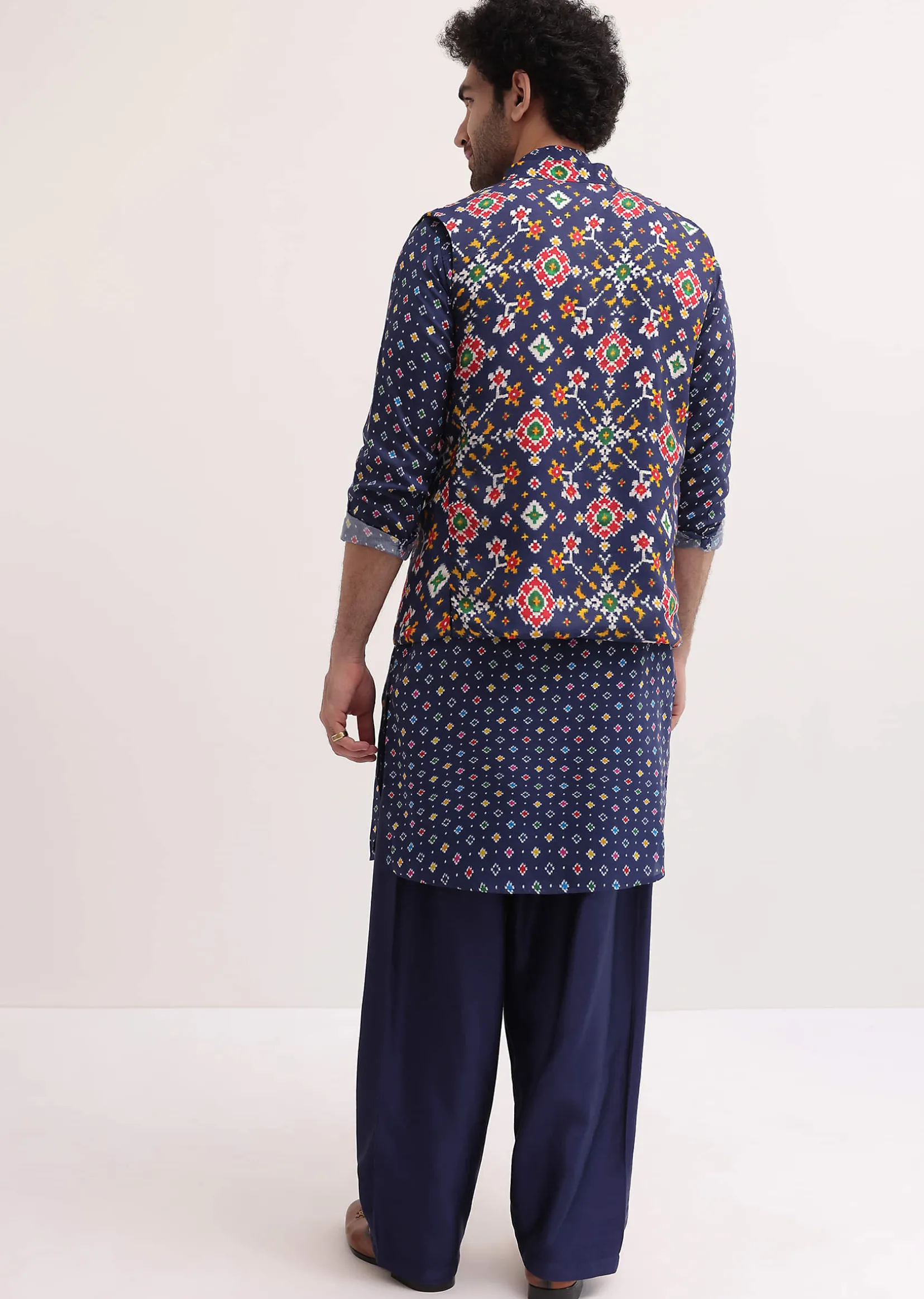 Ink Blue Patola Printed Kurta Jacket Set For Men
