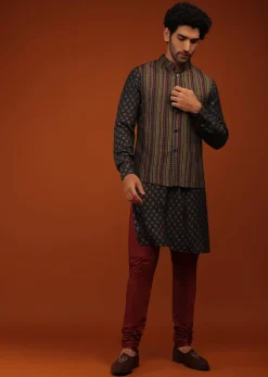 Insign Blue Nehru Jacket And Kurta Set In Striped Hand Block Print, Blue Kurta In Mandarin Collar Neckline And Full Sleeves.