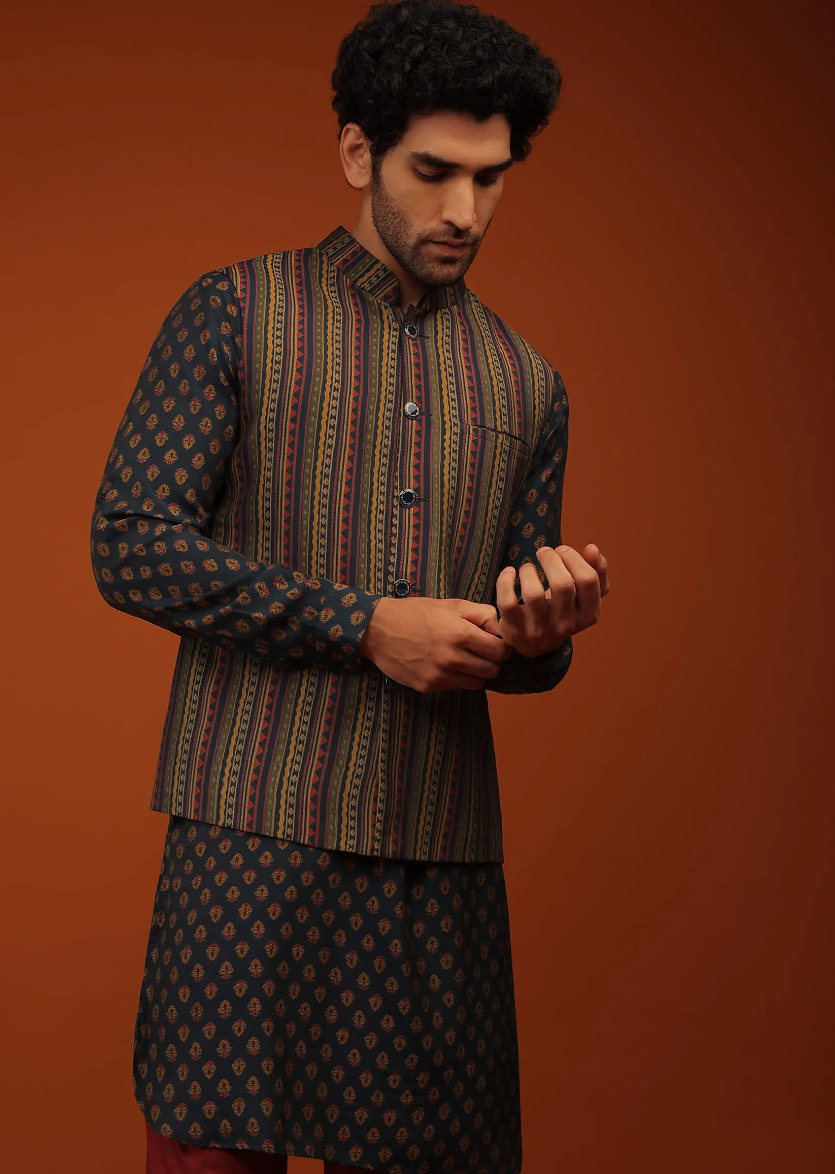 Insign Blue Nehru Jacket And Kurta Set In Striped Hand Block Print, Blue Kurta In Mandarin Collar Neckline And Full Sleeves.