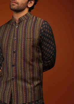 Insign Blue Nehru Jacket And Kurta Set In Striped Hand Block Print, Blue Kurta In Mandarin Collar Neckline And Full Sleeves.