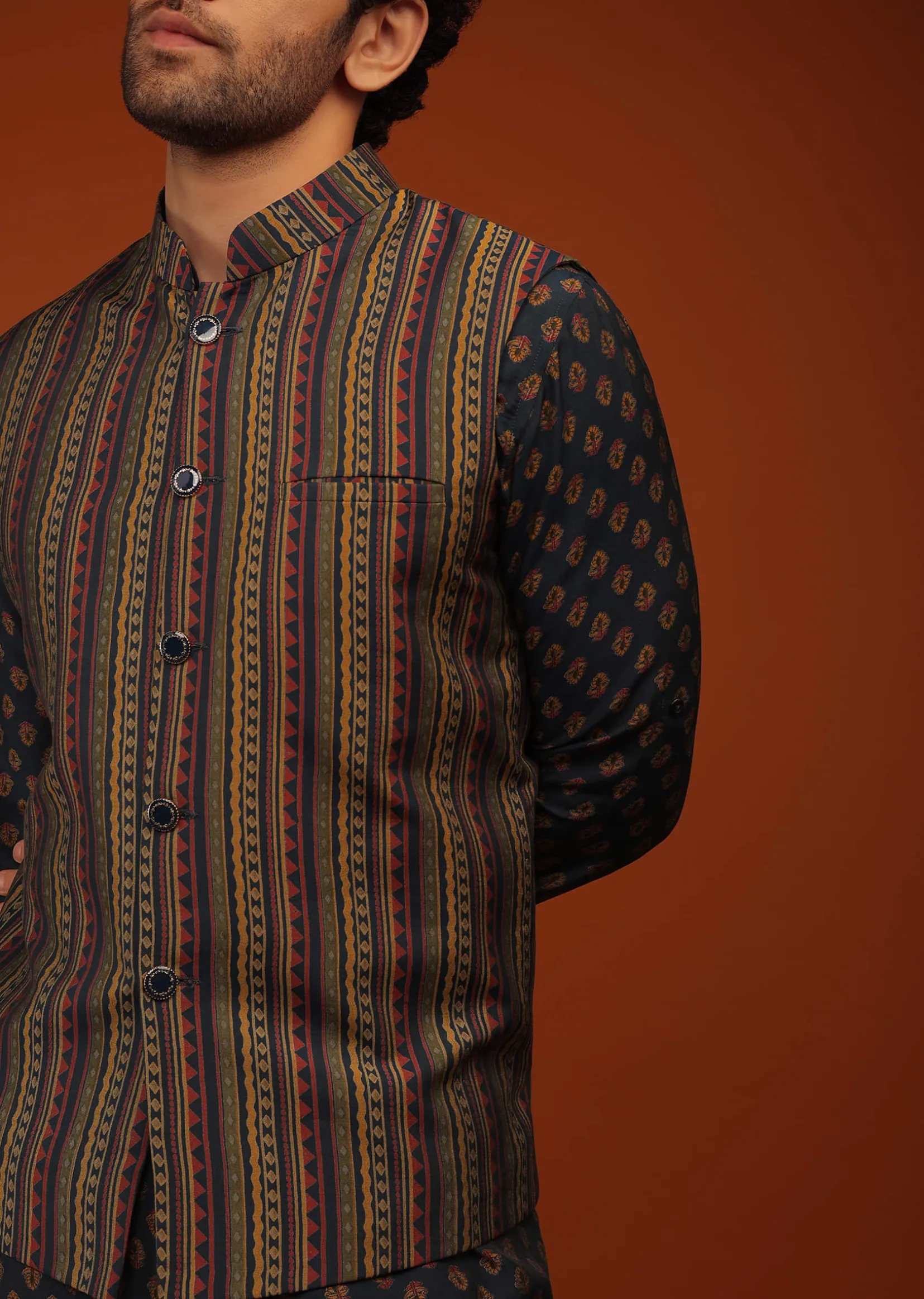 Insign Blue Nehru Jacket And Kurta Set In Striped Hand Block Print, Blue Kurta In Mandarin Collar Neckline And Full Sleeves.
