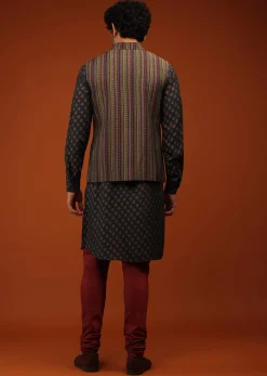 Insign Blue Nehru Jacket And Kurta Set In Striped Hand Block Print, Blue Kurta In Mandarin Collar Neckline And Full Sleeves.