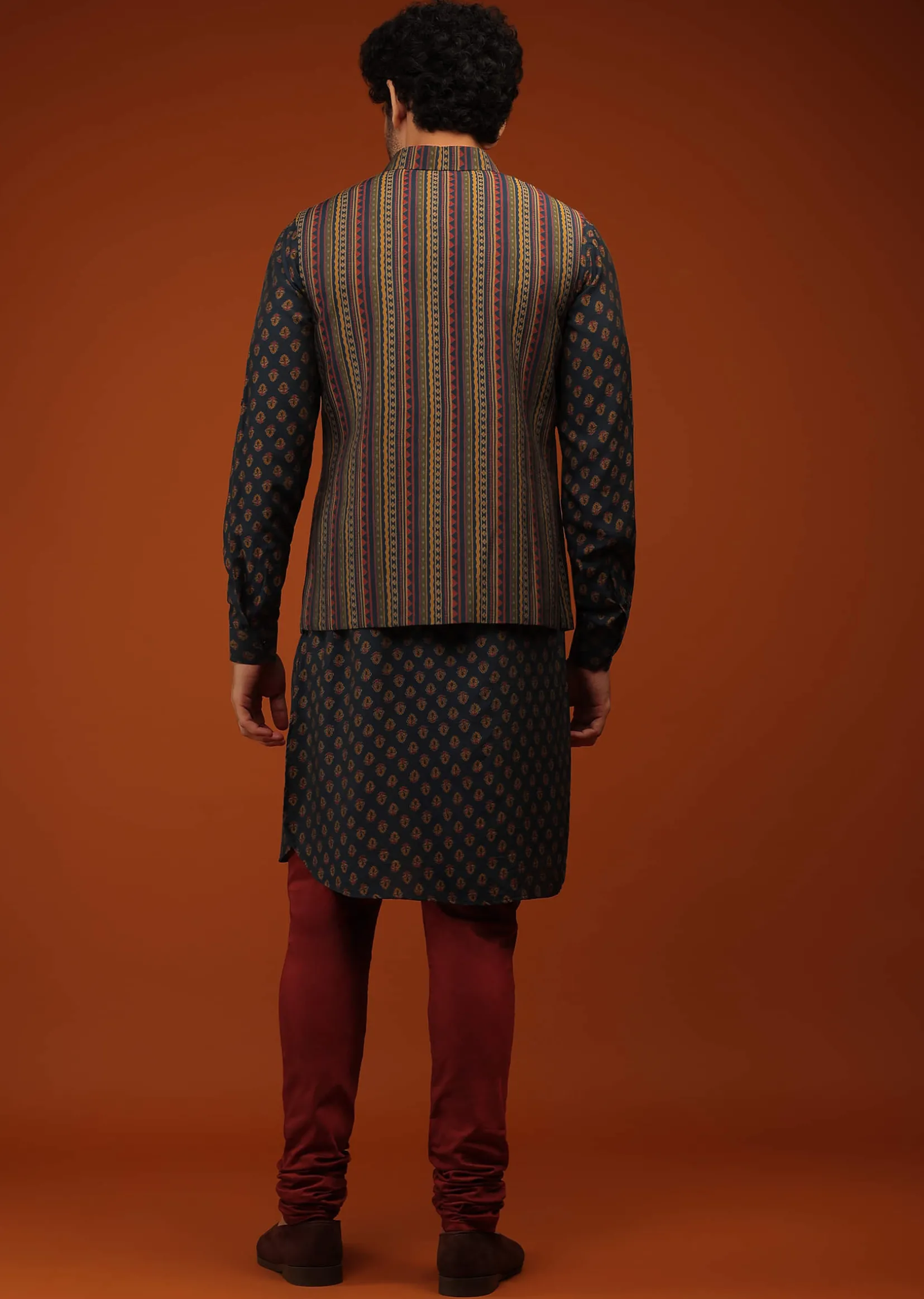 Insign Blue Nehru Jacket And Kurta Set In Striped Hand Block Print, Blue Kurta In Mandarin Collar Neckline And Full Sleeves.