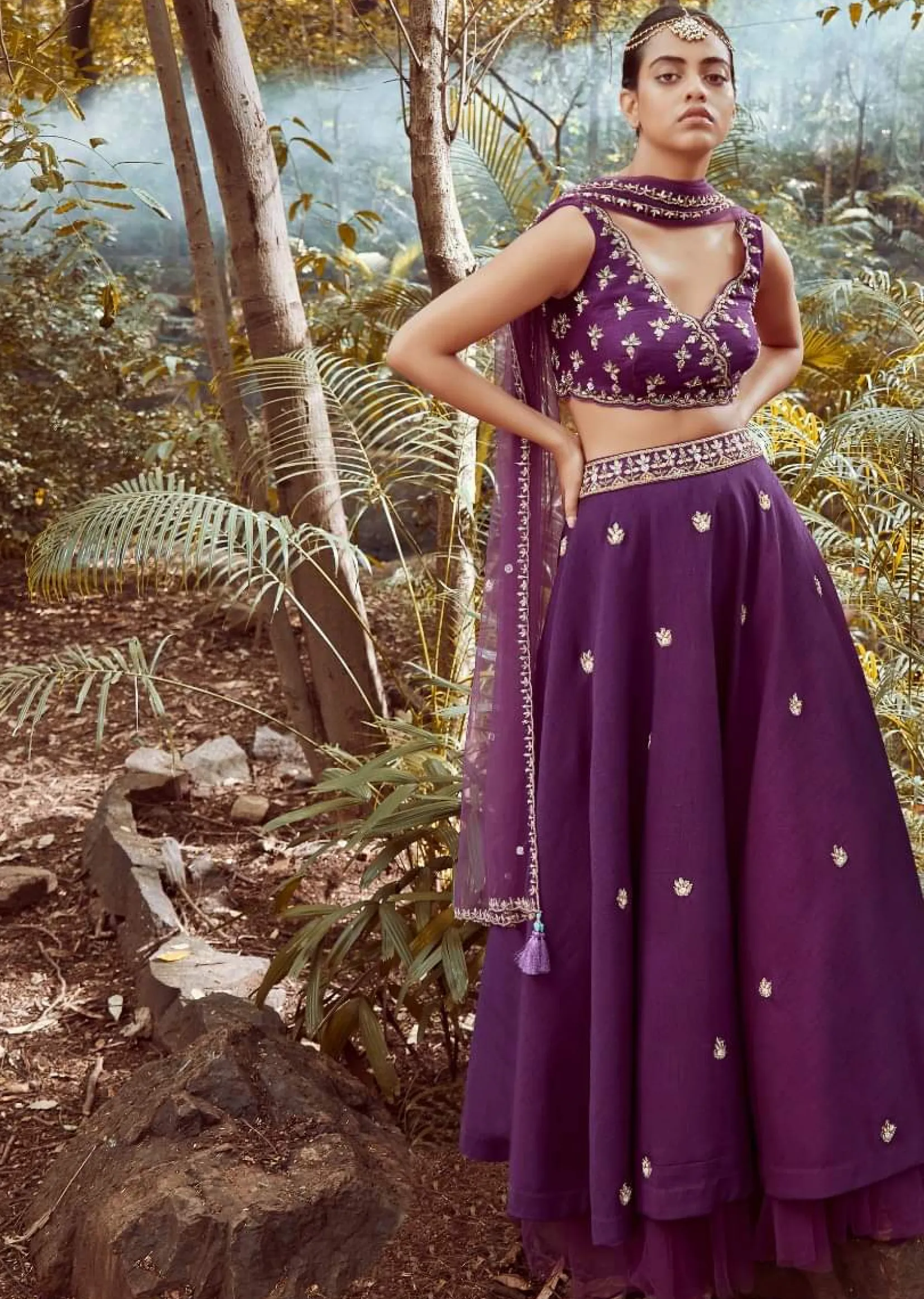 Irish Purple Lehenga Choli In Raw Silk With Cut Dana And Beads Embroidered Floral Buttis And Overlapping V Neckline