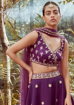 Irish Purple Lehenga Choli In Raw Silk With Cut Dana And Beads Embroidered Floral Buttis And Overlapping V Neckline