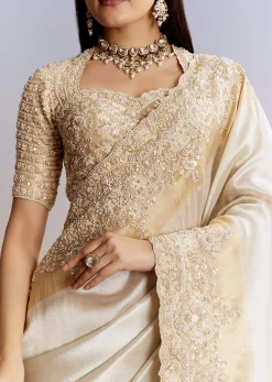 Ivory And Golden Kora Silk Saree With Heavy Zardosi Work