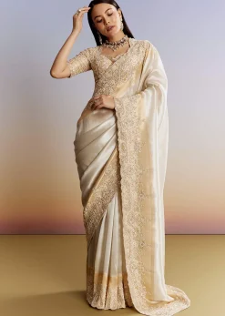 Ivory And Golden Kora Silk Saree With Heavy Zardosi Work