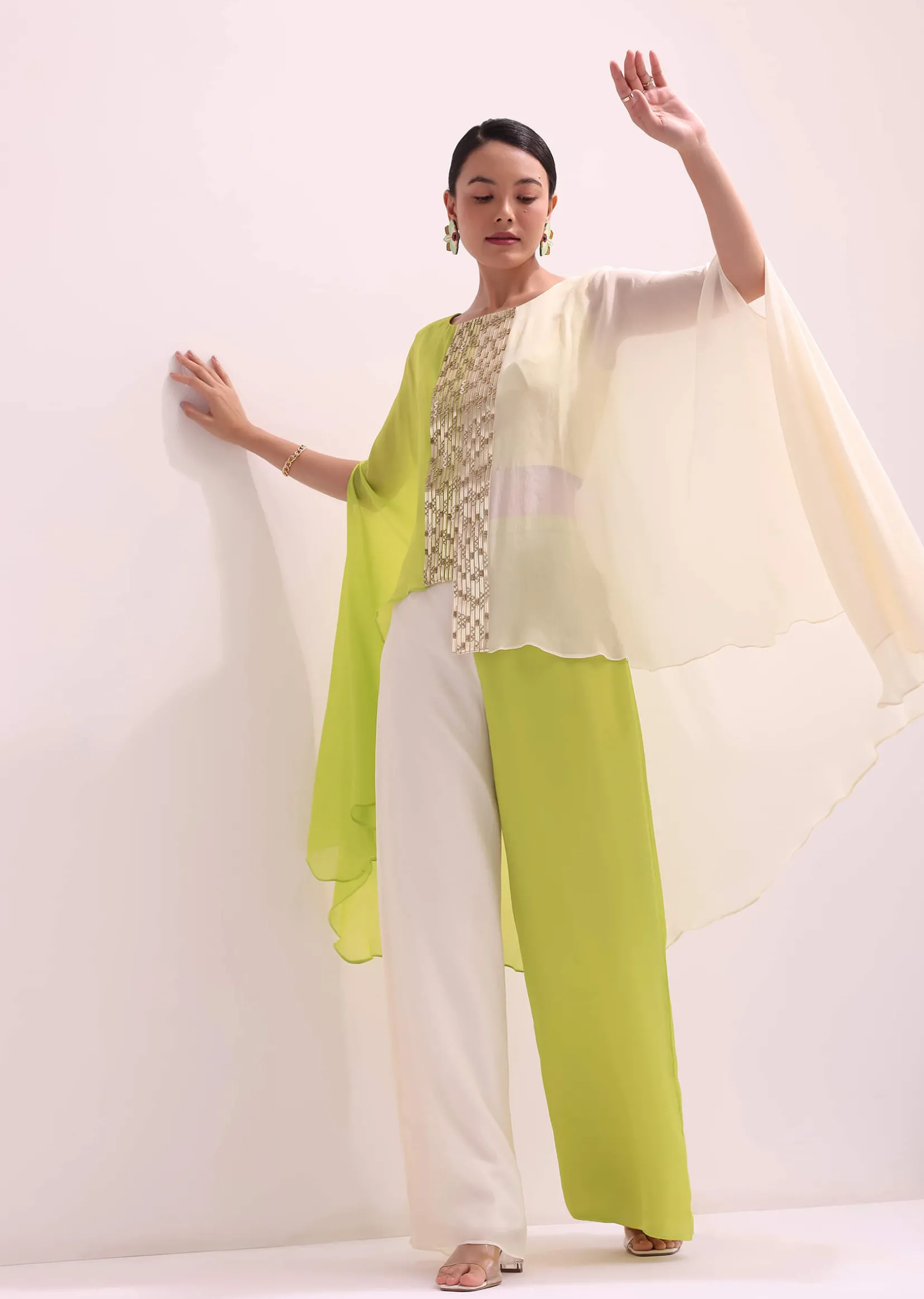 Ivory And Light Green Croptop And Palazzo Set