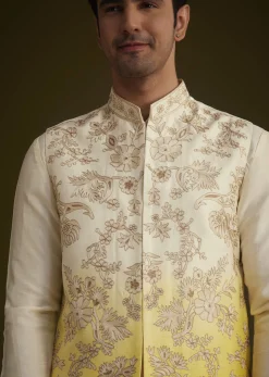 Ivory And Yellow Ombre Silk Jacket Set With Zari Work