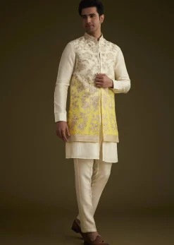 Ivory And Yellow Ombre Silk Jacket Set With Zari Work