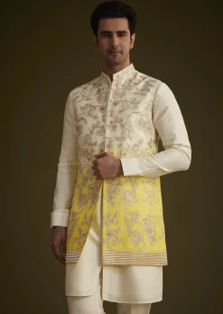 Ivory And Yellow Ombre Silk Jacket Set With Zari Work