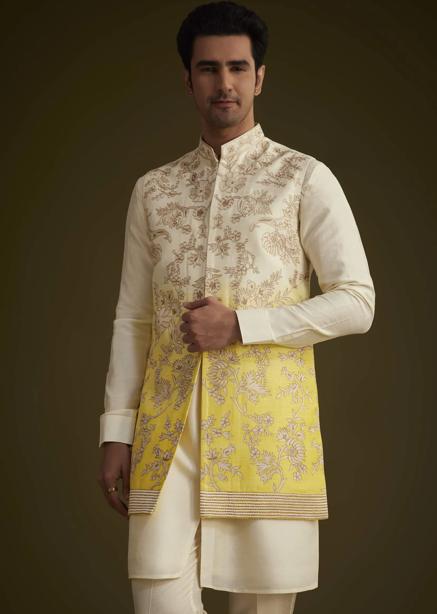 Ivory And Yellow Ombre Silk Jacket Set With Zari Work