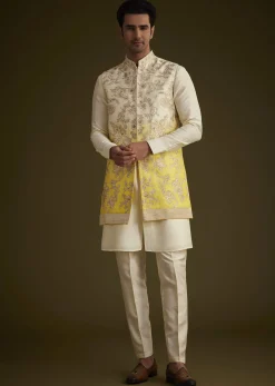 Ivory And Yellow Ombre Silk Jacket Set With Zari Work