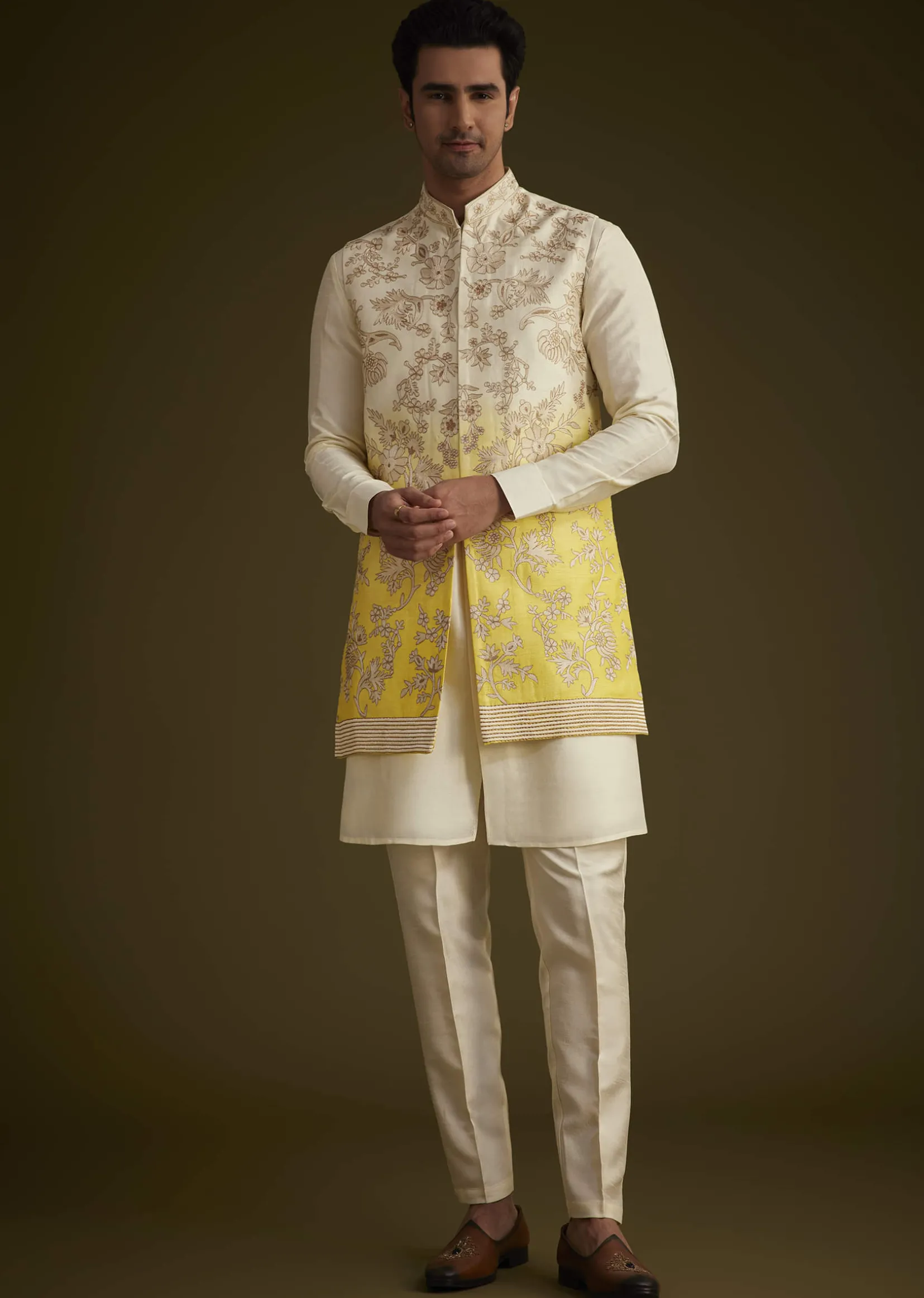 Ivory And Yellow Ombre Silk Jacket Set With Zari Work