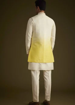 Ivory And Yellow Ombre Silk Jacket Set With Zari Work