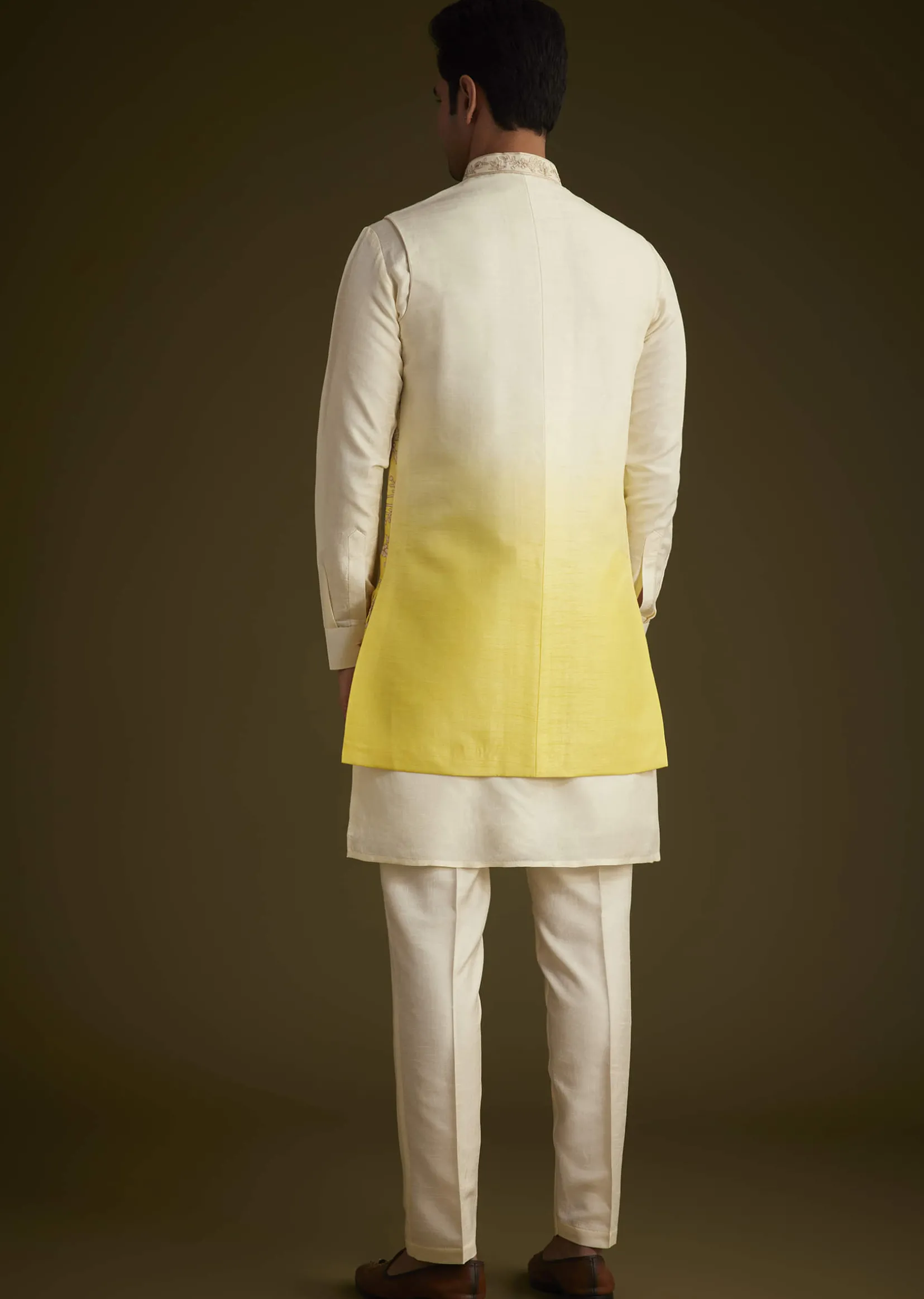 Ivory And Yellow Ombre Silk Jacket Set With Zari Work