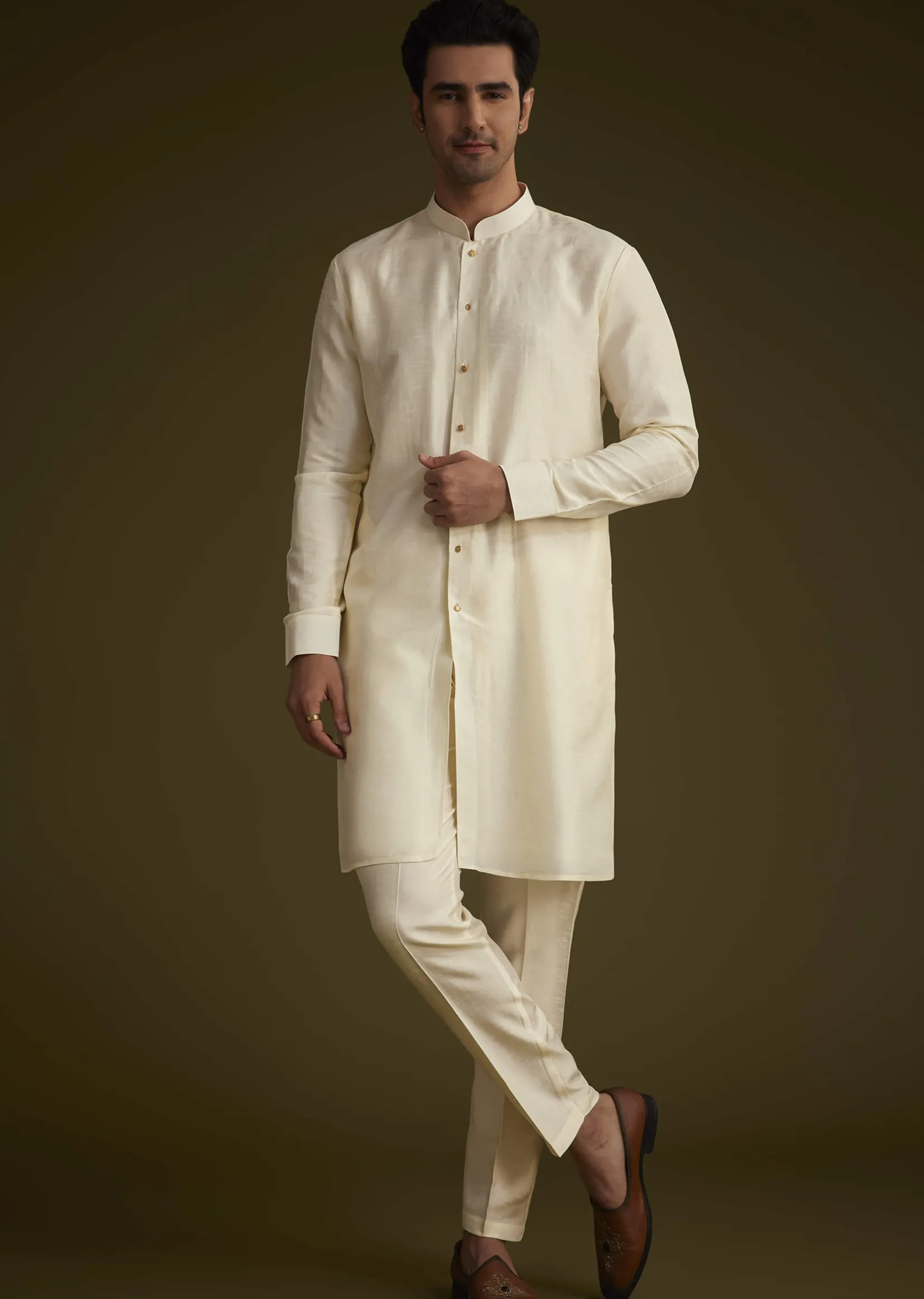 Ivory And Yellow Ombre Silk Jacket Set With Zari Work