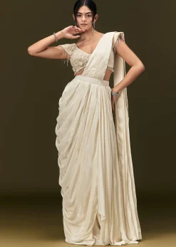 Ivory Crepe Pre Draped Saree With Zardosi And 3D Flower Motifs
