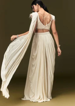 Ivory Crepe Pre Draped Saree With Zardosi And 3D Flower Motifs