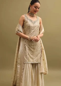 Ivory Embroidered Georgette Kurta Sharara Set