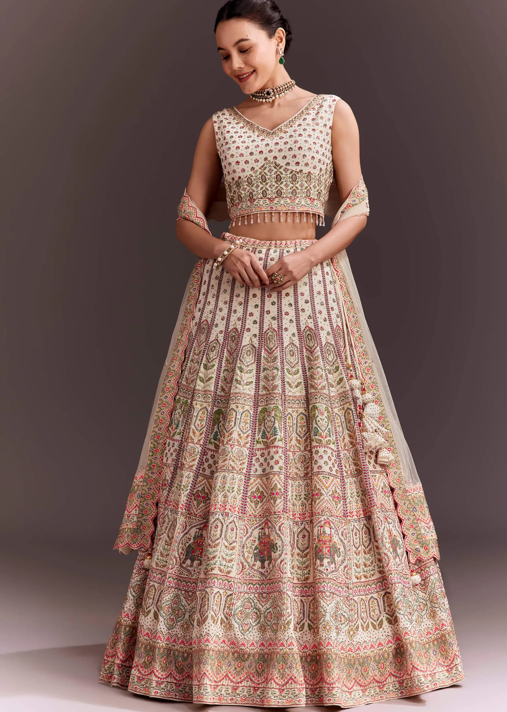 Ivory Embroidered Lehenga Set With Ethnic Motifs