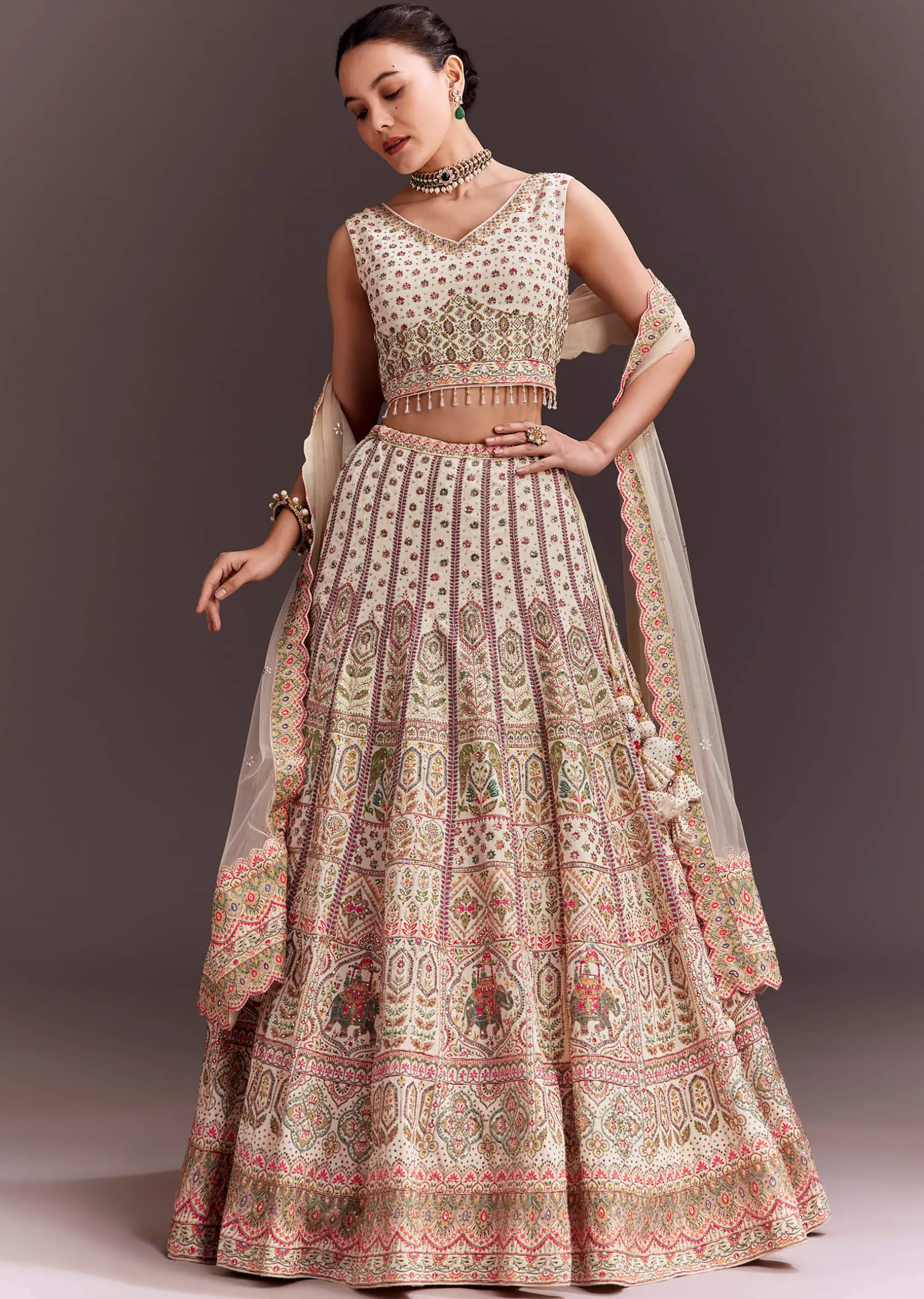 Ivory Embroidered Lehenga Set With Ethnic Motifs