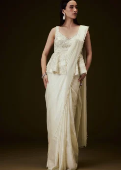 Ivory Embroidered Peplum Top With Saree