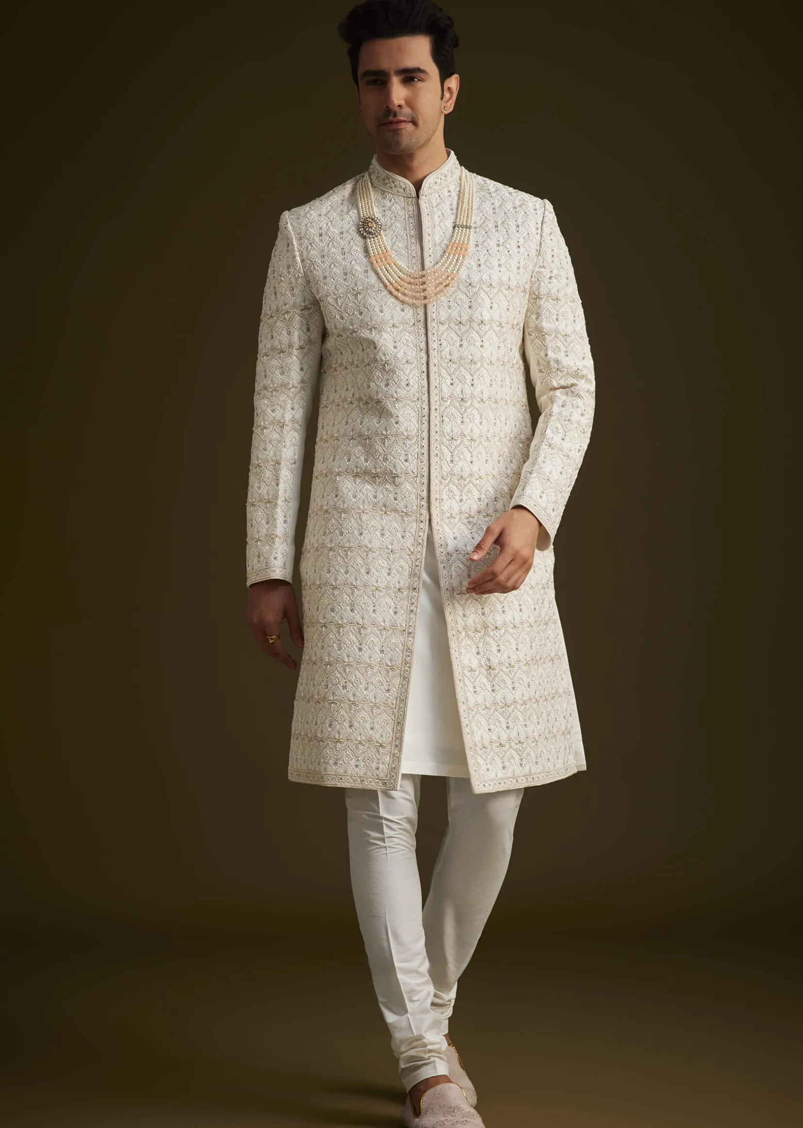 Ivory Embroidered Sherwani With Classic Pearl Detailing