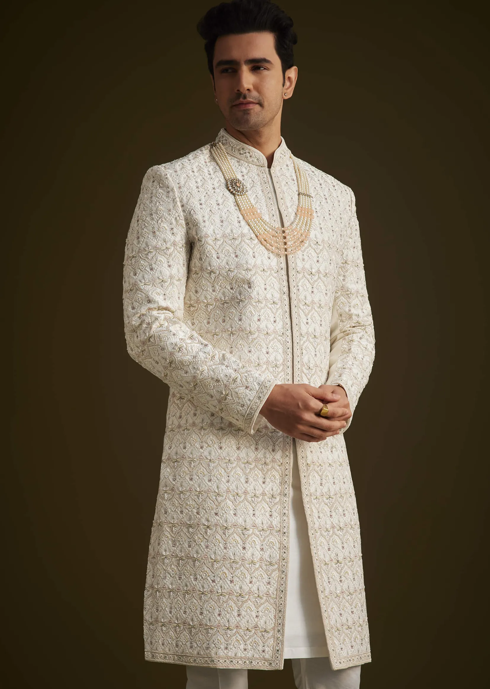Ivory Embroidered Sherwani With Classic Pearl Detailing