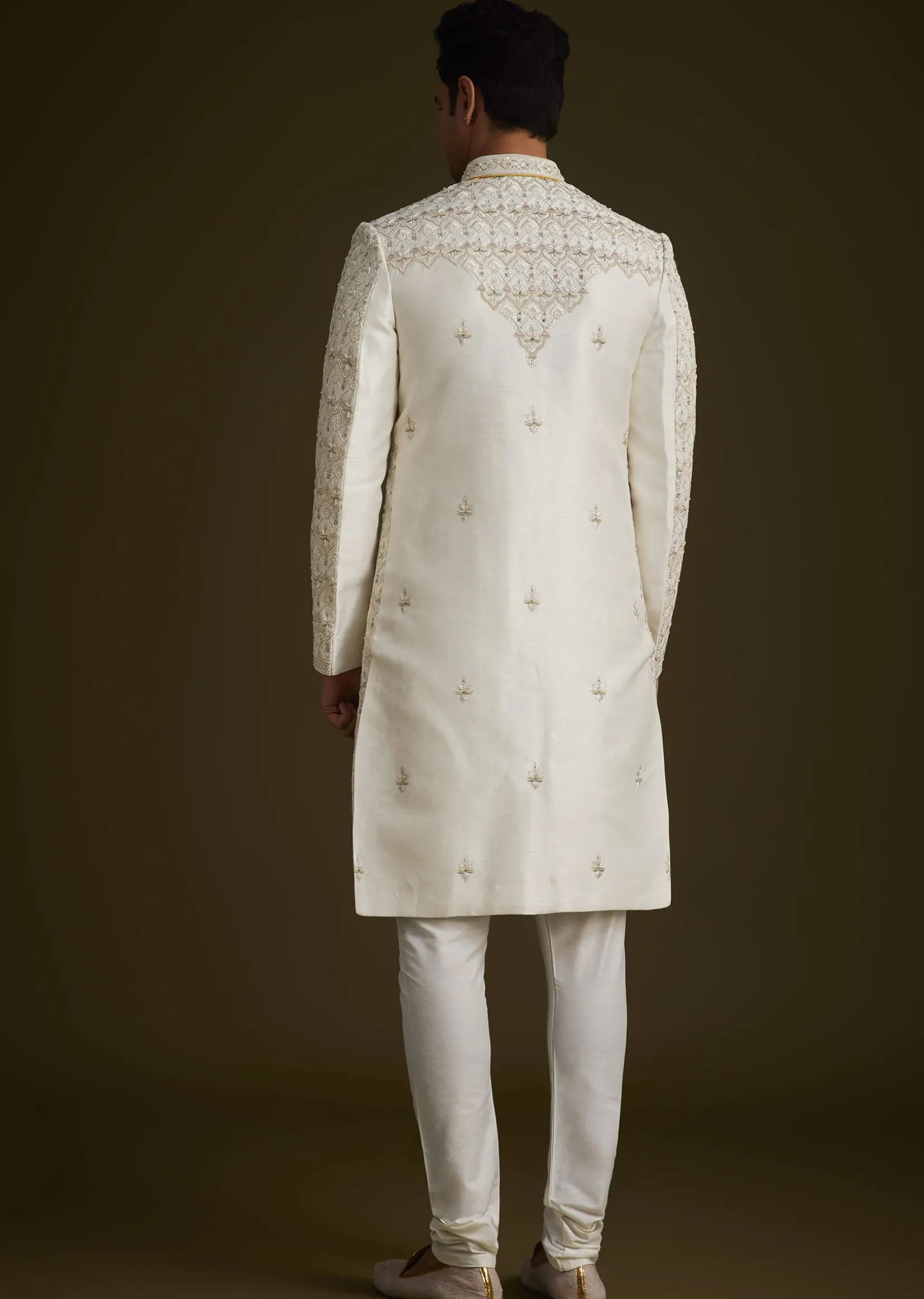 Ivory Embroidered Sherwani With Classic Pearl Detailing