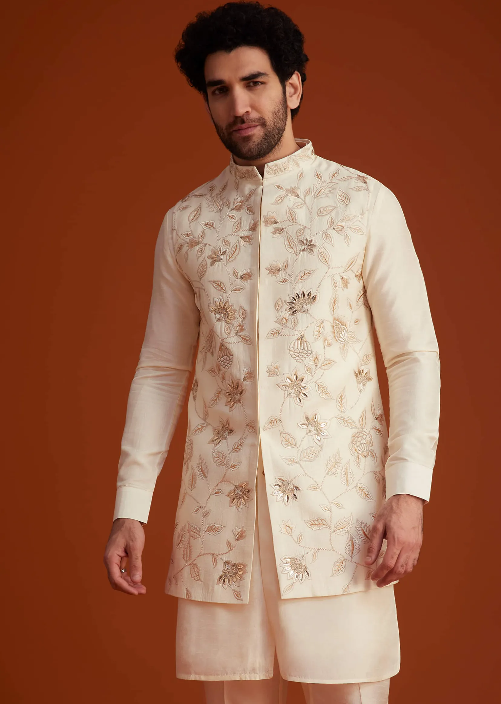 Ivory Floral Embroidered Jacket Kurta Set