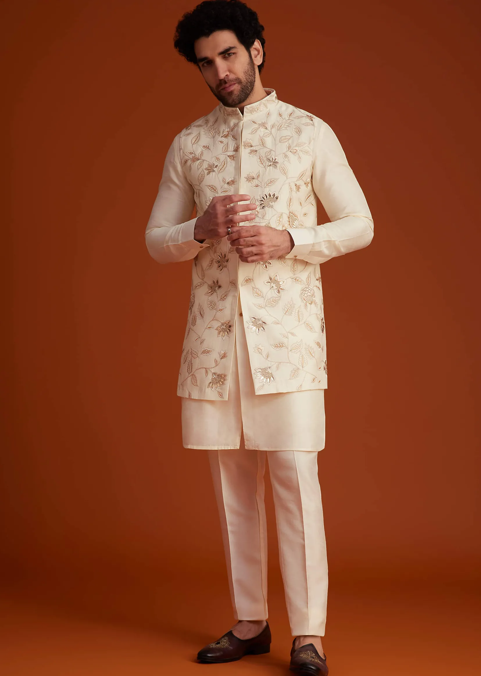 Ivory Floral Embroidered Jacket Kurta Set