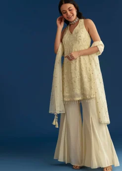 Ivory Georgette Kurta Palazzo Set With Dupatta