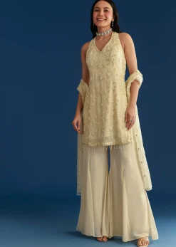 Ivory Georgette Kurta Palazzo Set With Dupatta