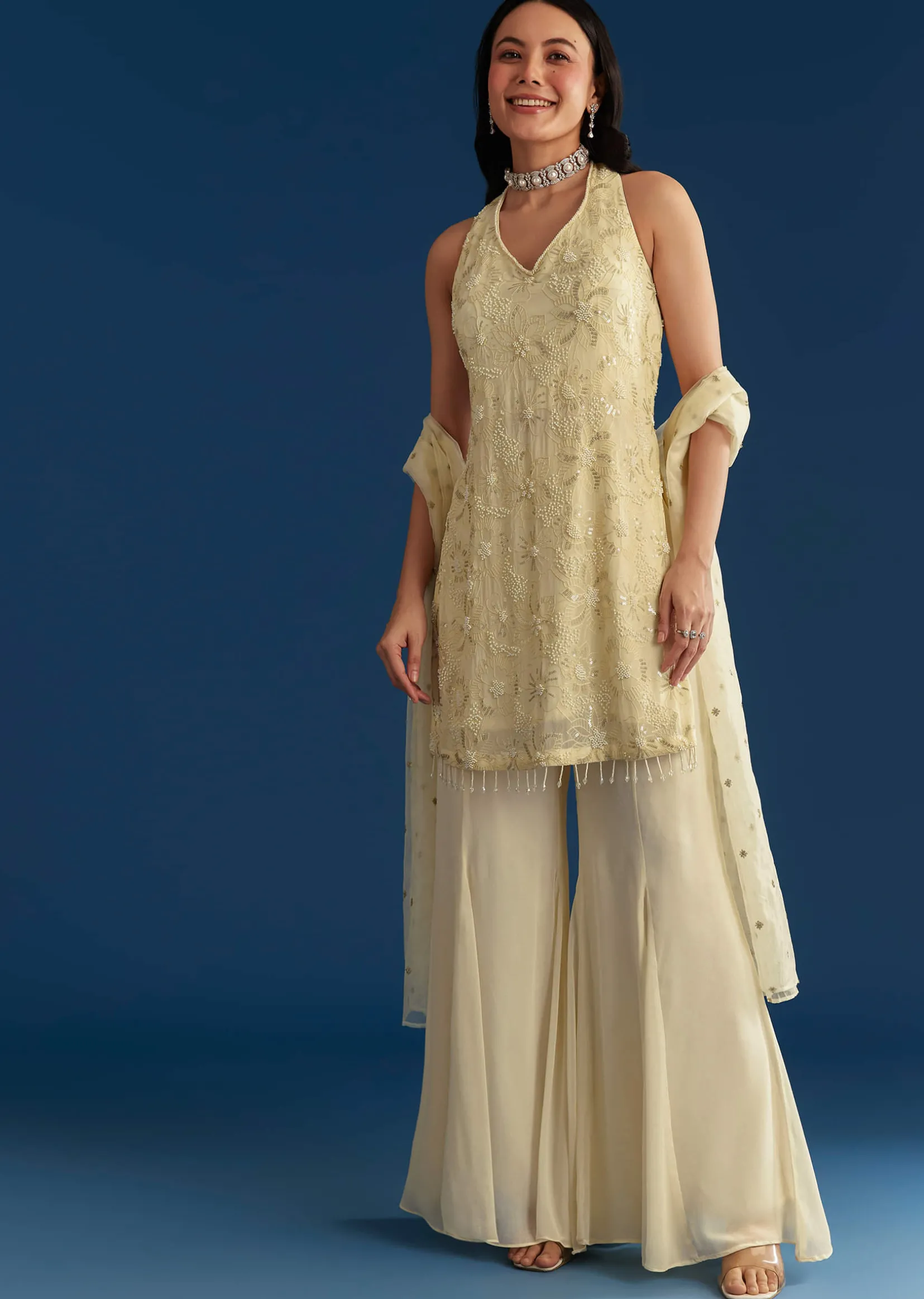Ivory Georgette Kurta Palazzo Set With Dupatta
