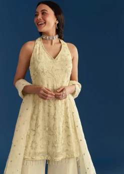 Ivory Georgette Kurta Palazzo Set With Dupatta