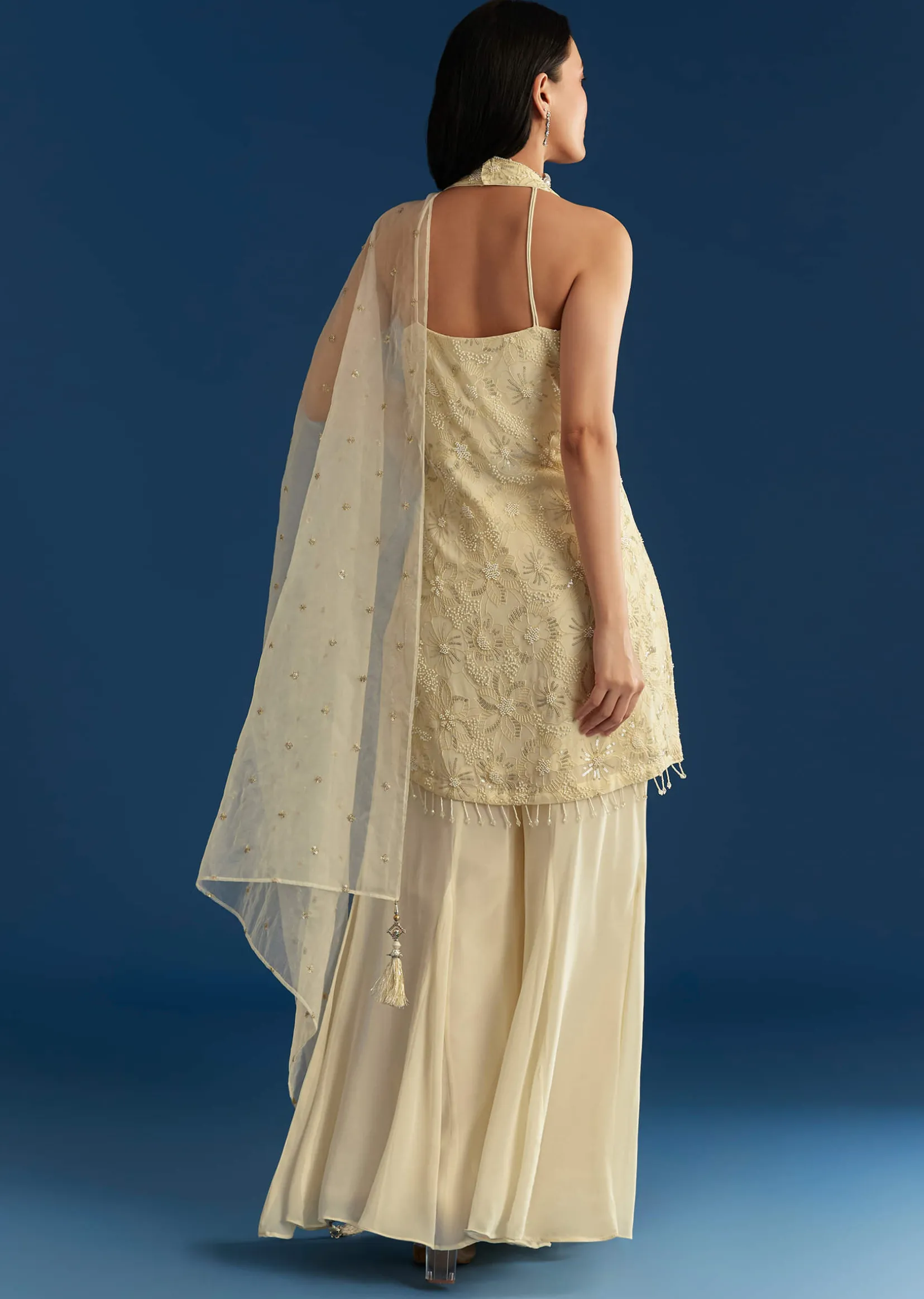 Ivory Georgette Kurta Palazzo Set With Dupatta