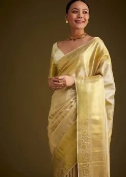 Ivory Kanjivaram Silk Saree With Golden Zari Border