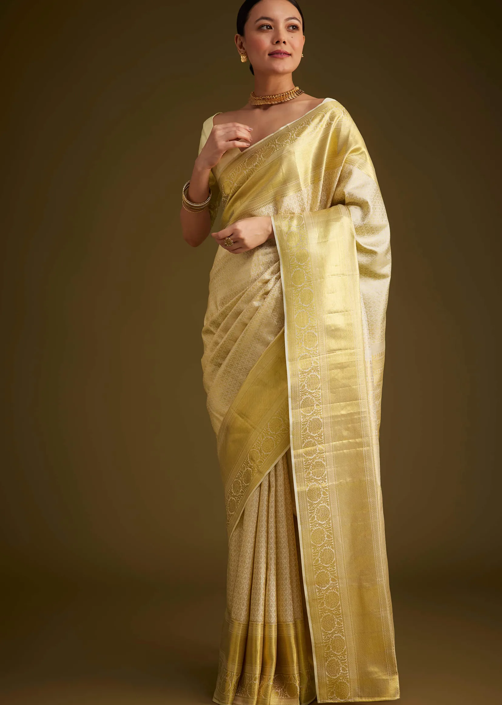 Ivory Kanjivaram Silk Saree With Golden Zari Border