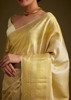 Ivory Kanjivaram Silk Saree With Golden Zari Border