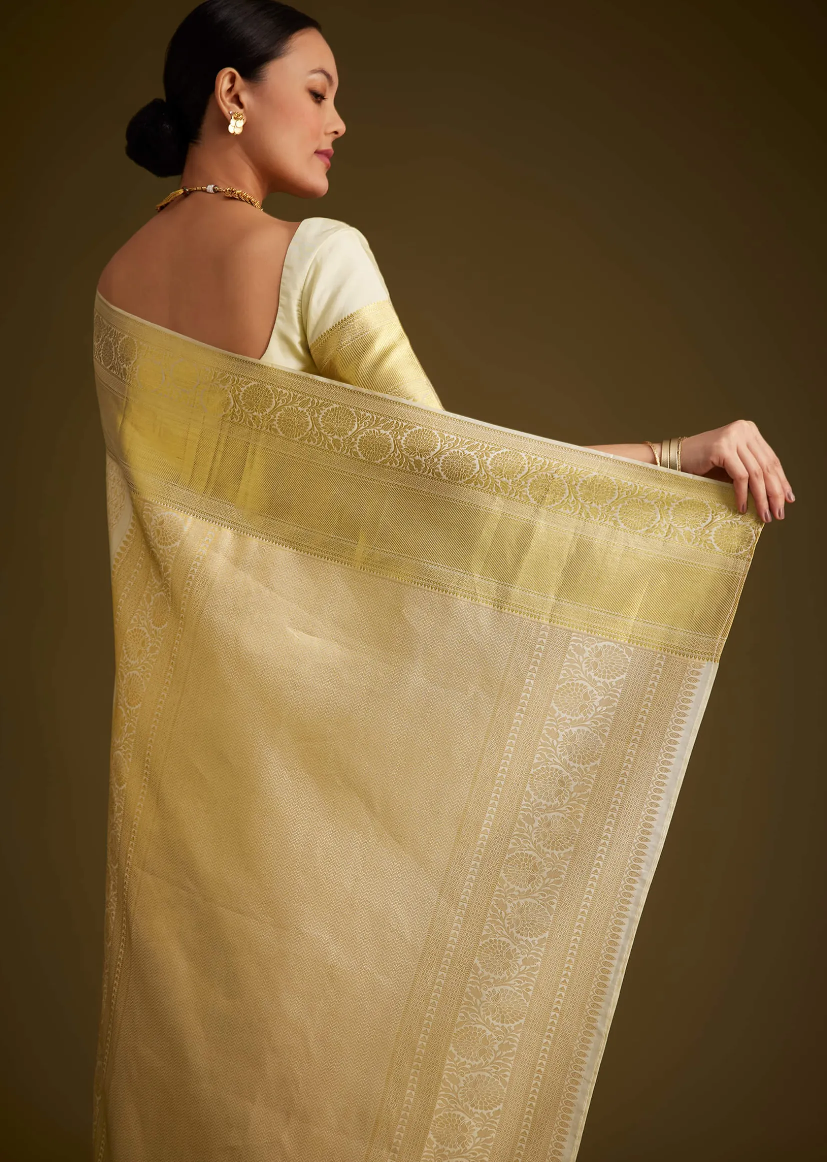 Ivory Kanjivaram Silk Saree With Golden Zari Border