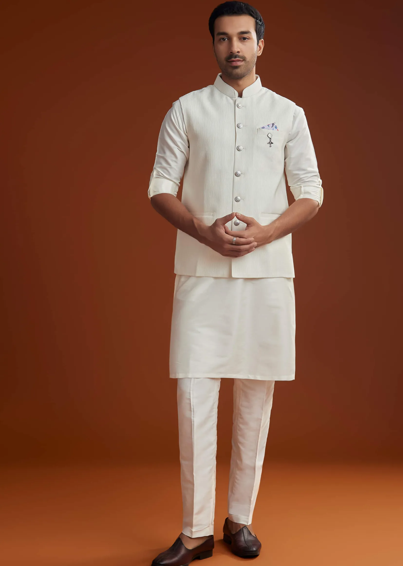 Ivory Kurta Jacket Set With Pintucks Detailing