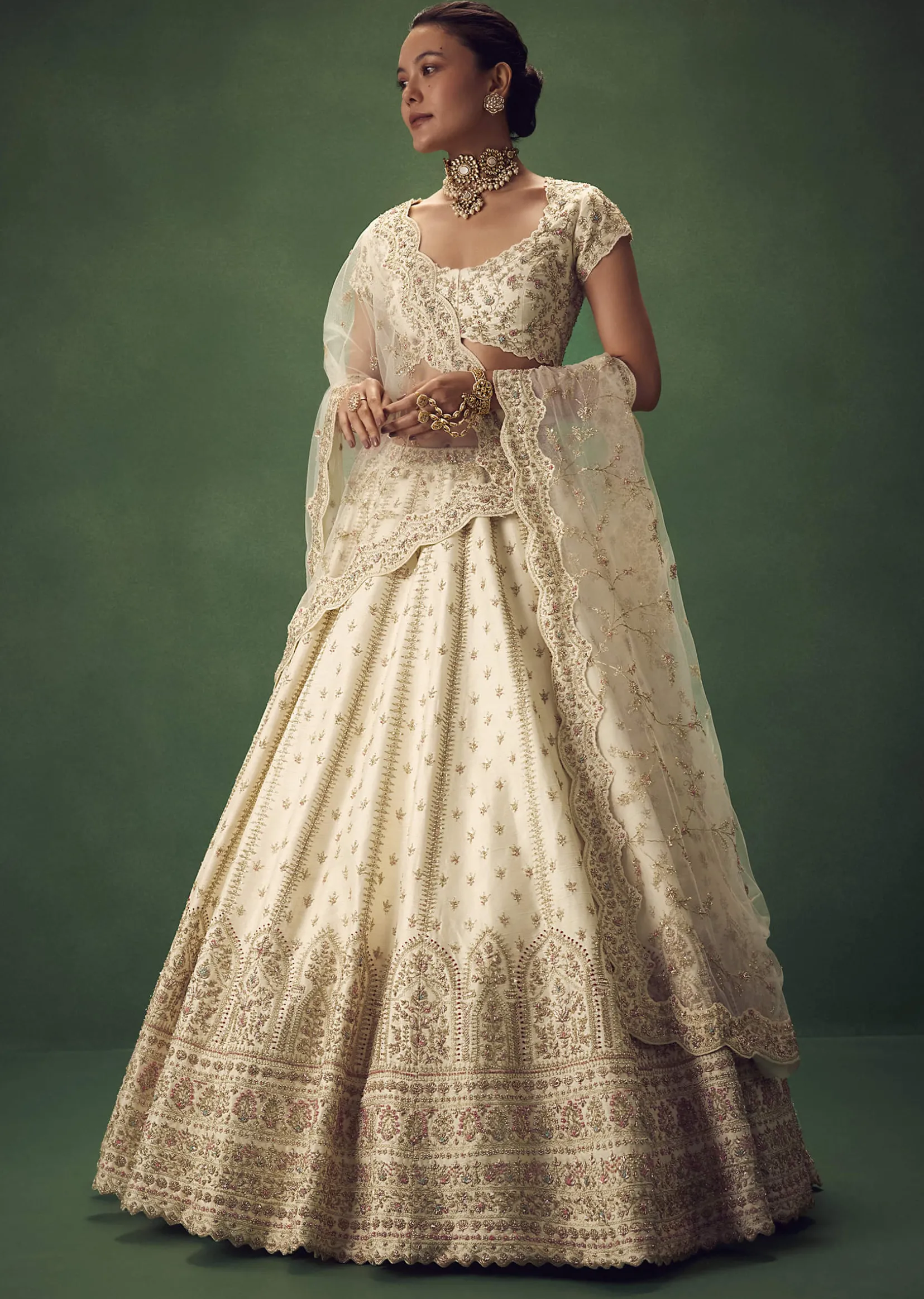 Ivory Lehenga Set With Hand Embroidered Thread And Zari Work