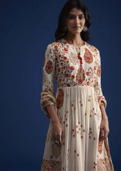 Ivory Linen Kurta Set With Floral Resham Work